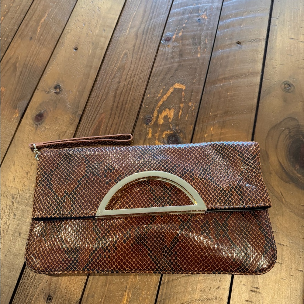 White House Black Market Brown Clutch with Gold Accent Handles
